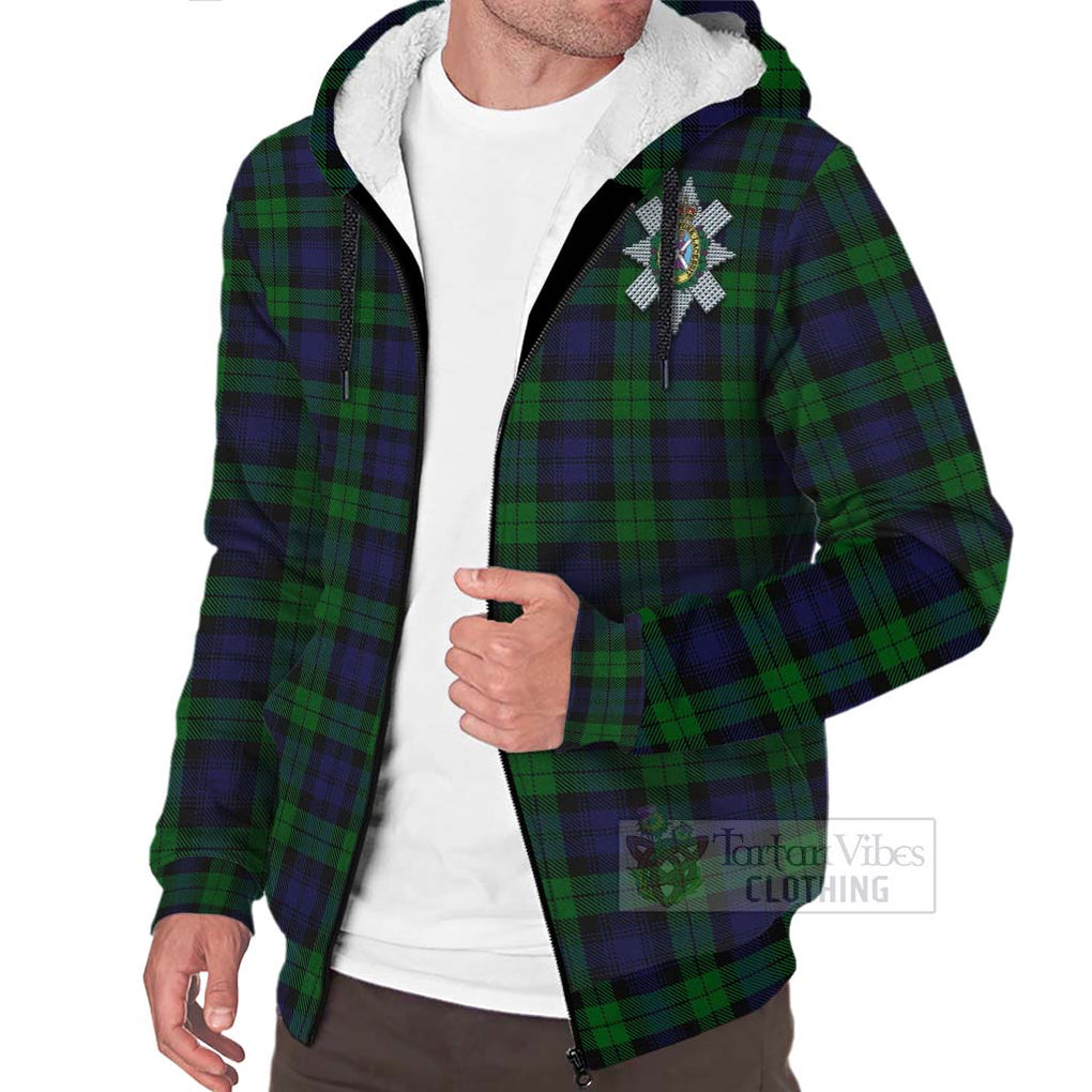 Tartan Vibes Clothing Black Watch Tartan Sherpa Hoodie with Family Crest and Bearded Skull Holding Bottles of Whiskey