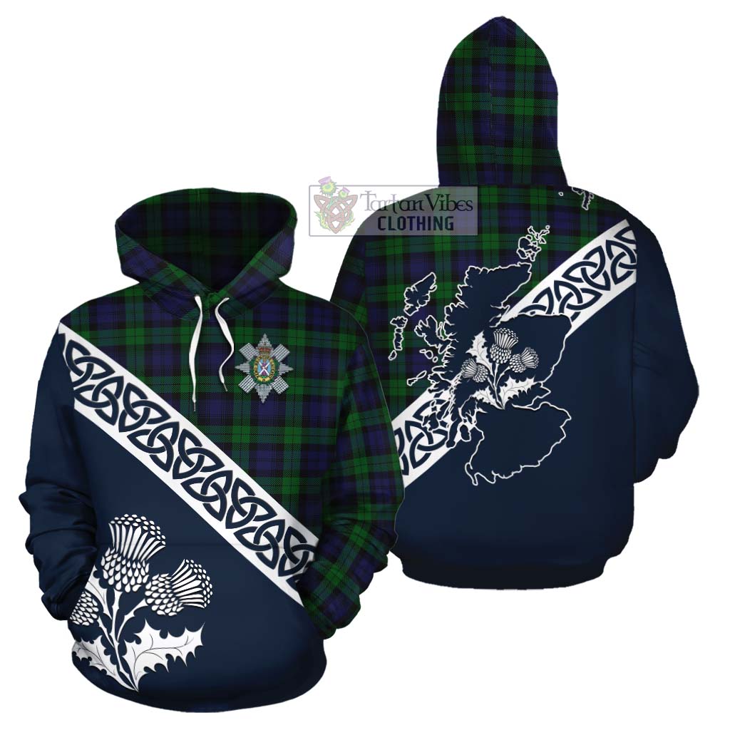 Tartan Vibes Clothing Black Watch Tartan Cotton Hoodie Featuring Thistle and Scotland Map