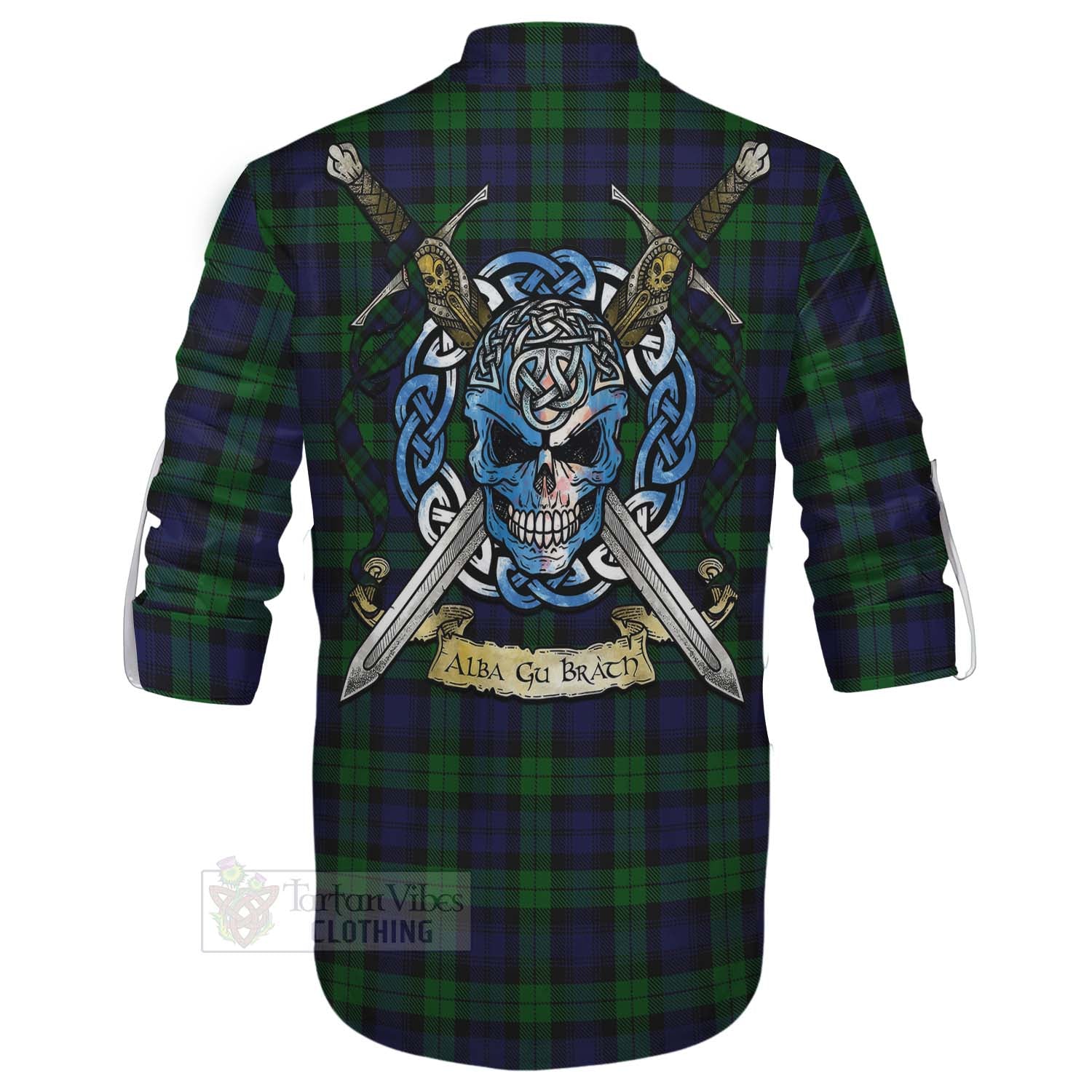 Tartan Vibes Clothing Black Watch Tartan Ghillie Kilt Shirt with Family Crest Celtic Skull Style