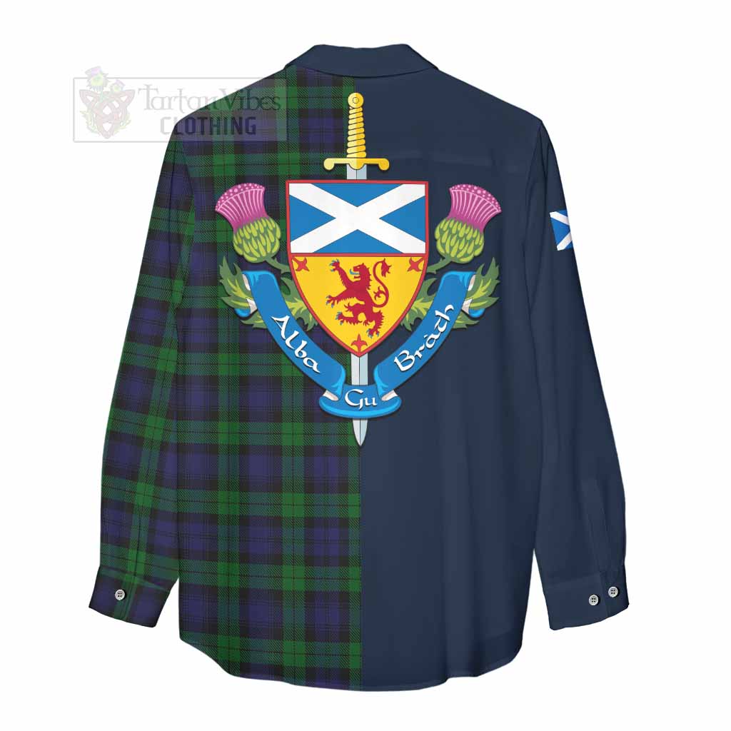 Tartan Vibes Clothing Black Watch Tartan Women's Casual Shirt Alba with Scottish Lion Royal Arm Half Style