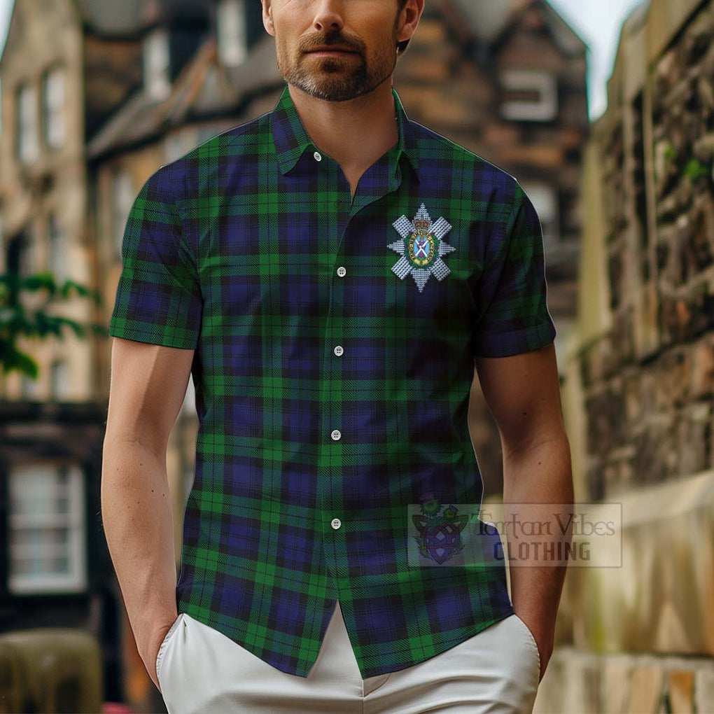 Tartan Vibes Clothing Black Watch Tartan Short Sleeve Button Shirt with Family Crest Celtic Skull Style