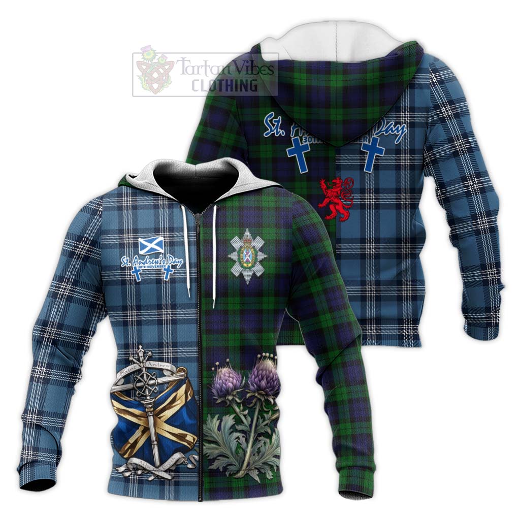 Tartan Vibes Clothing Black Watch Tartan Knitted Hoodie Happy St. Andrew's Day Half Tartan Style