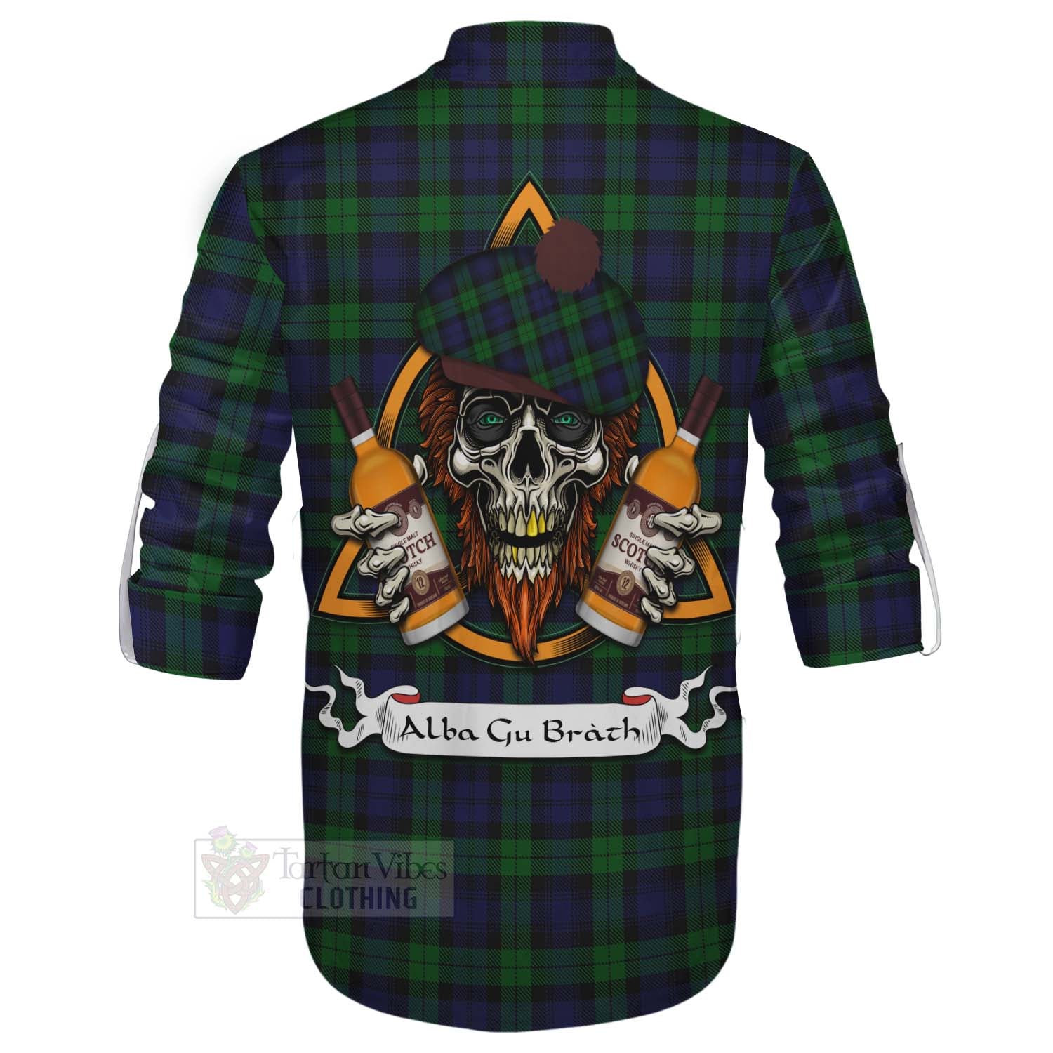 Tartan Vibes Clothing Black Watch Tartan Ghillie Kilt Shirt with Family Crest and Bearded Skull Holding Bottles of Whiskey