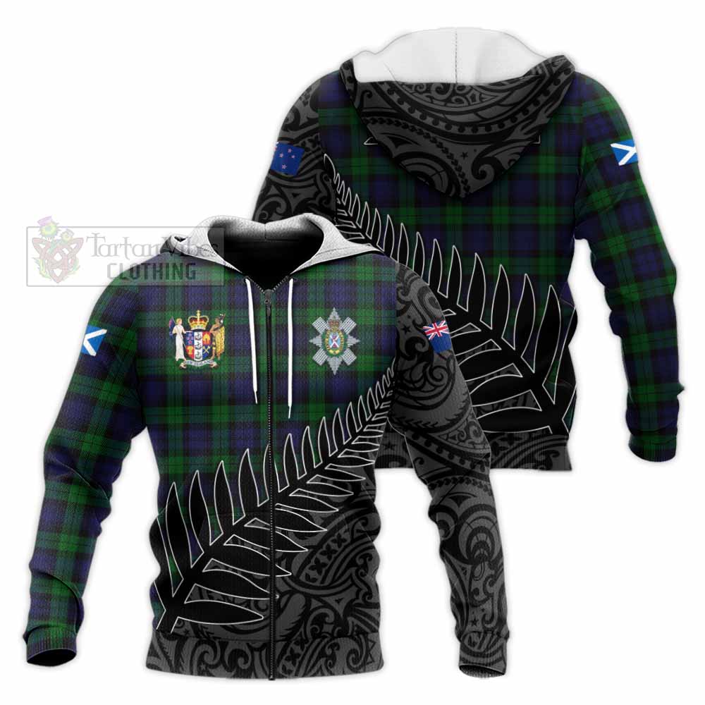 Tartan Vibes Clothing Black Watch Crest Tartan Knitted Hoodie with New Zealand Silver Fern Half Style