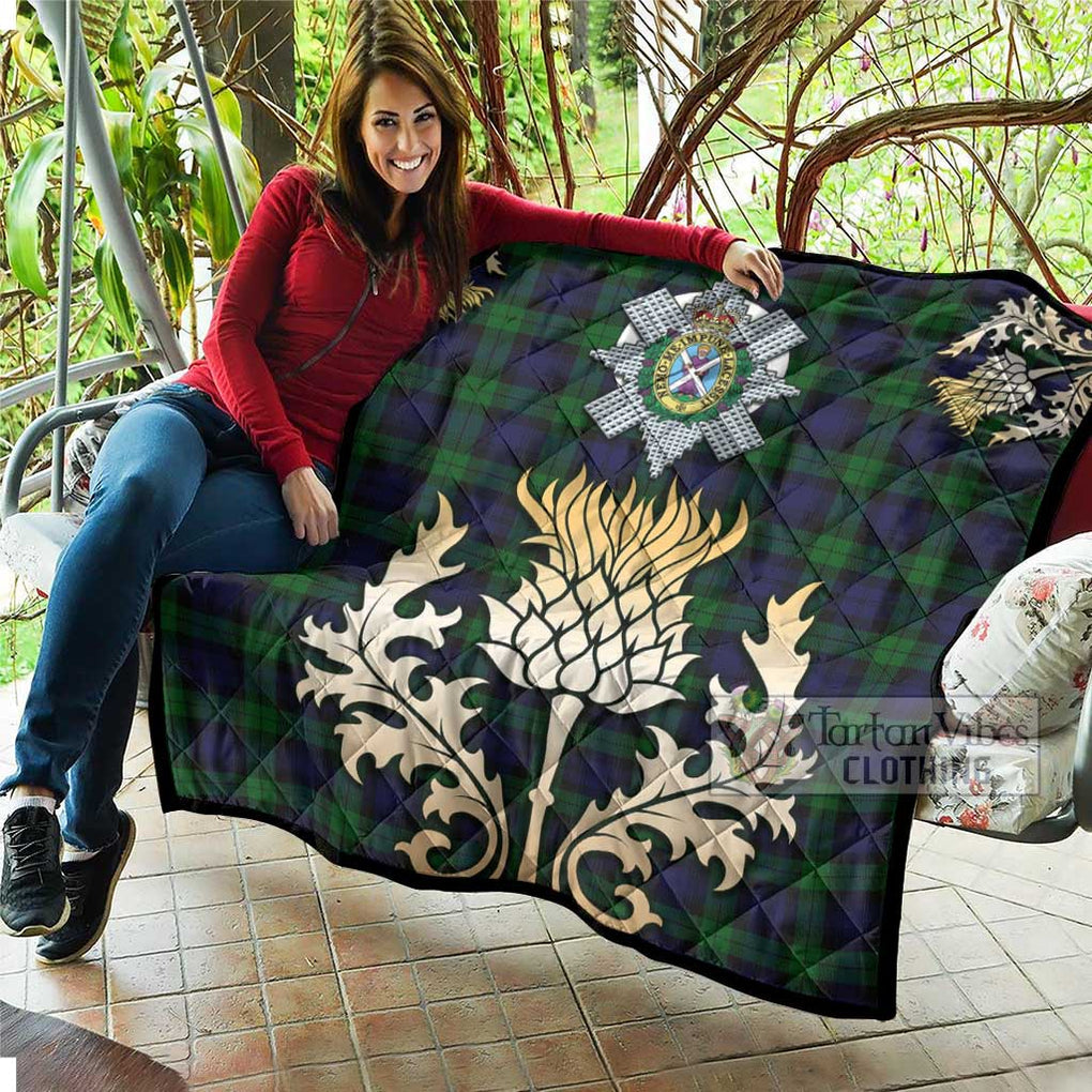 Tartan Vibes Clothing Black Watch Tartan Quilt with Family Crest and Golden Thistle Style