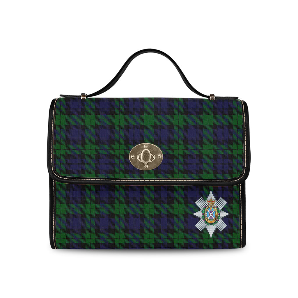 Black Watch Tartan Leather Strap Waterproof Canvas Bag with Family Crest - Tartanvibesclothing