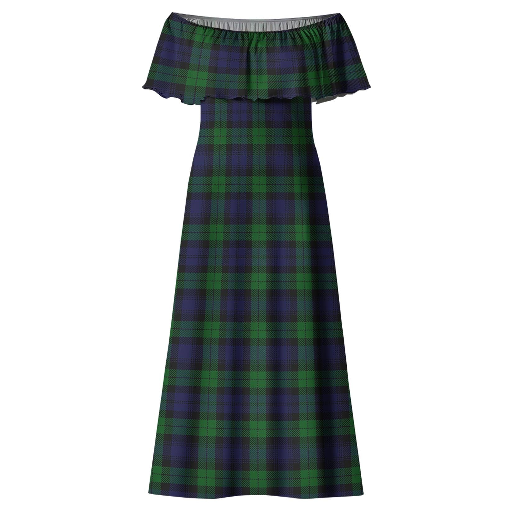 Black Watch Tartan Off Shoulder Long Dress - Tartanvibesclothing