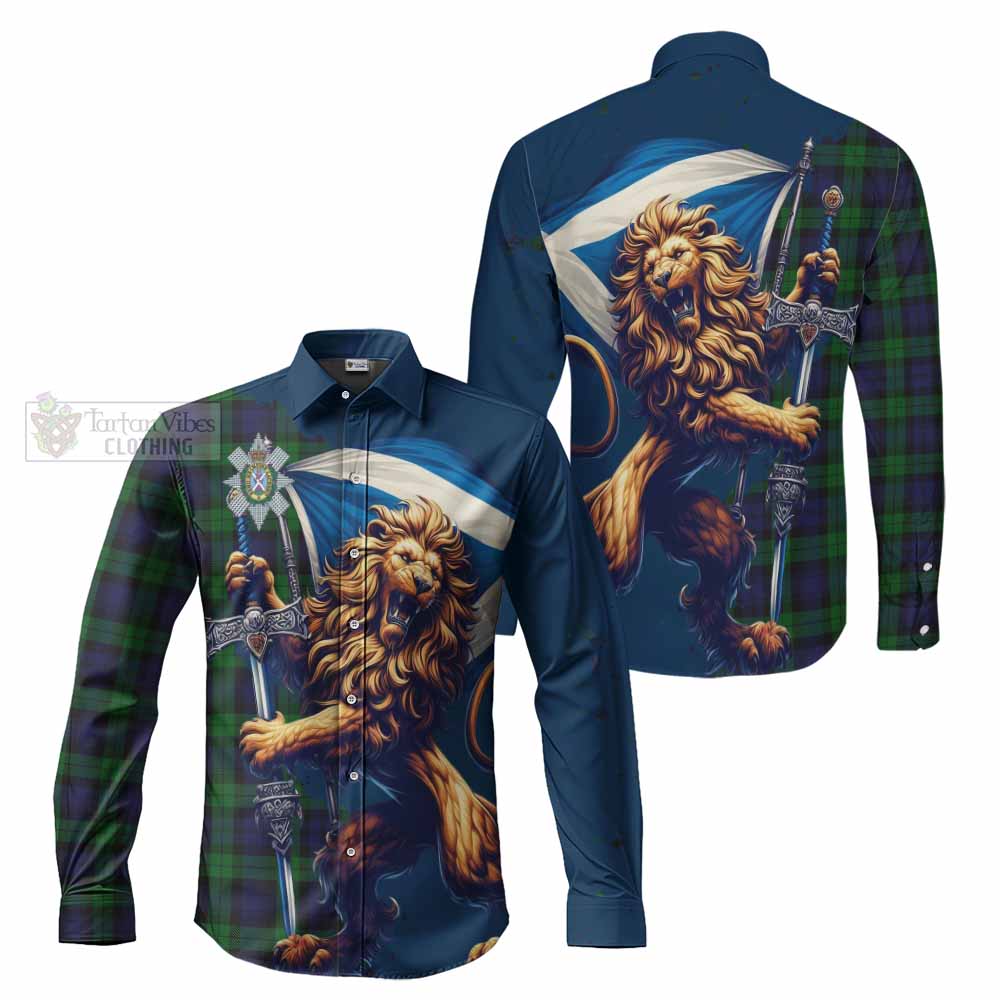 Tartan Vibes Clothing Black Watch Tartan Family Crest Long Sleeve Button Shirt with Scottish Majestic Lion