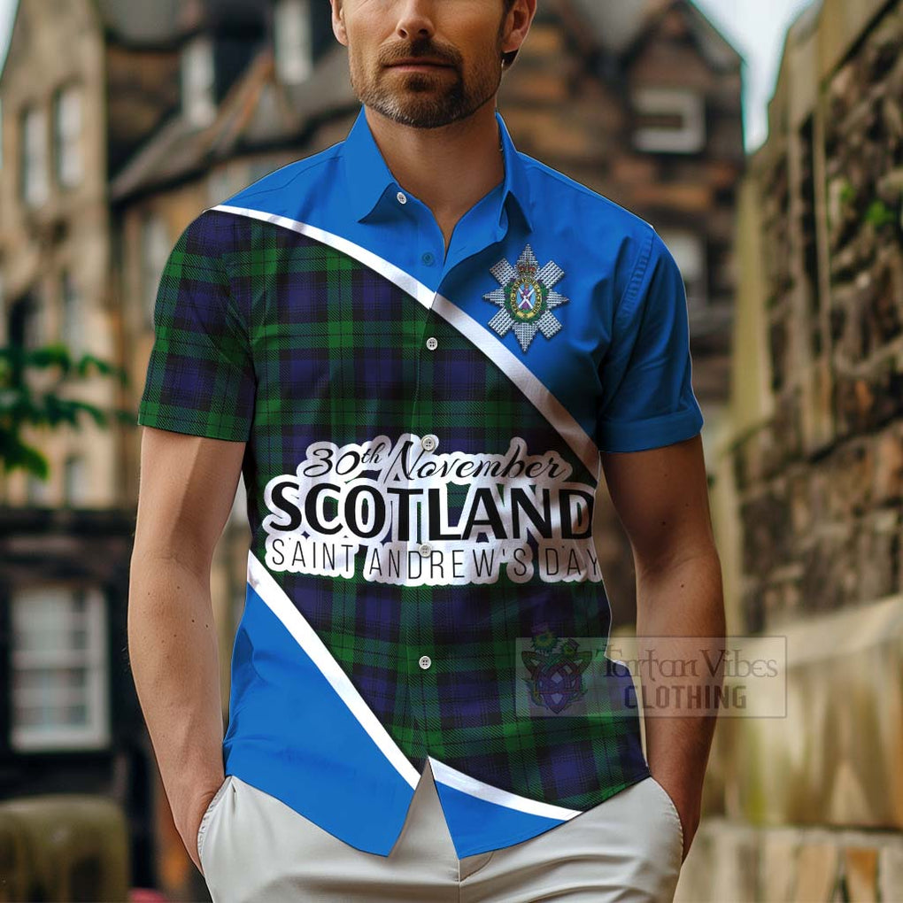 Tartan Vibes Clothing Black Watch Family Crest Tartan Short Sleeve Button Shirt Celebrate Saint Andrew's Day in Style