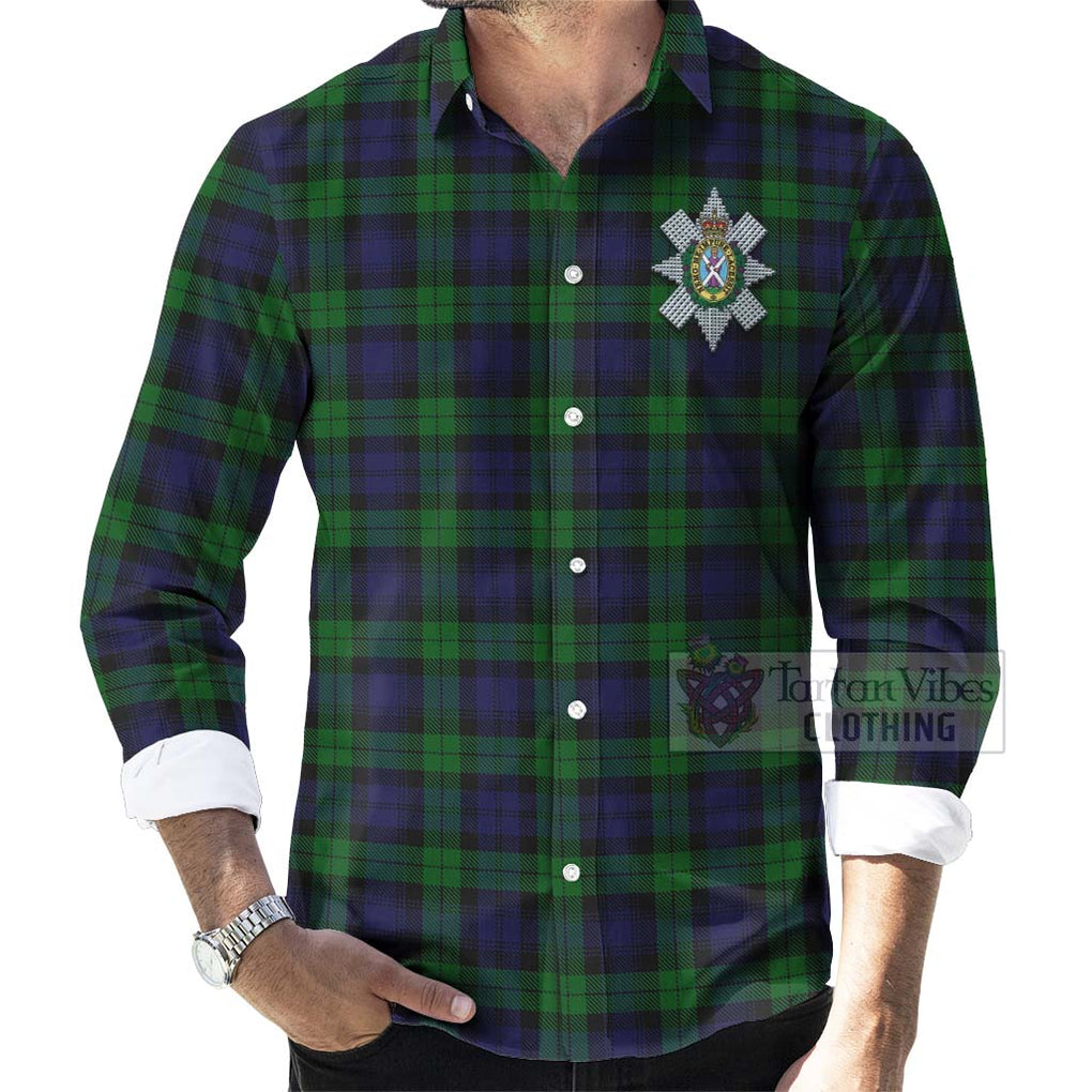 Tartan Vibes Clothing Black Watch Tartan Long Sleeve Button Shirt with Family Crest and Bearded Skull Holding Bottles of Whiskey