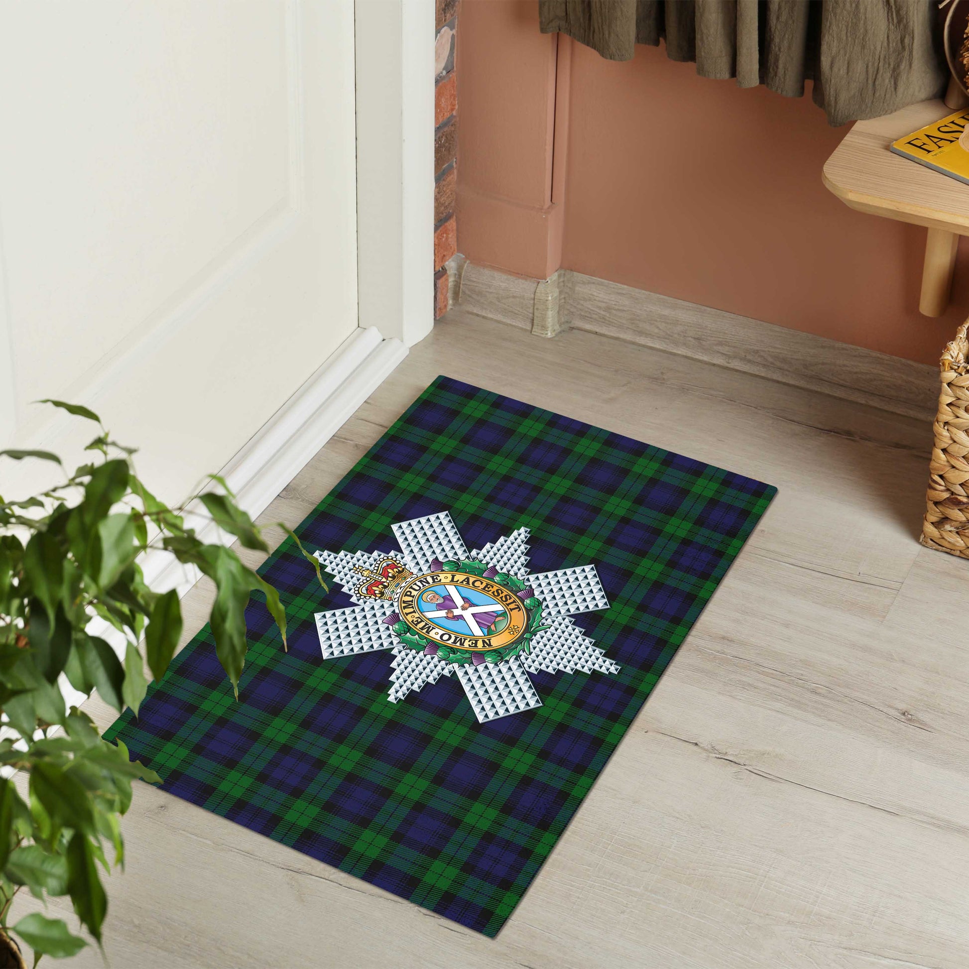 Black Watch Tartan Door Mat with Family Crest - Tartanvibesclothing