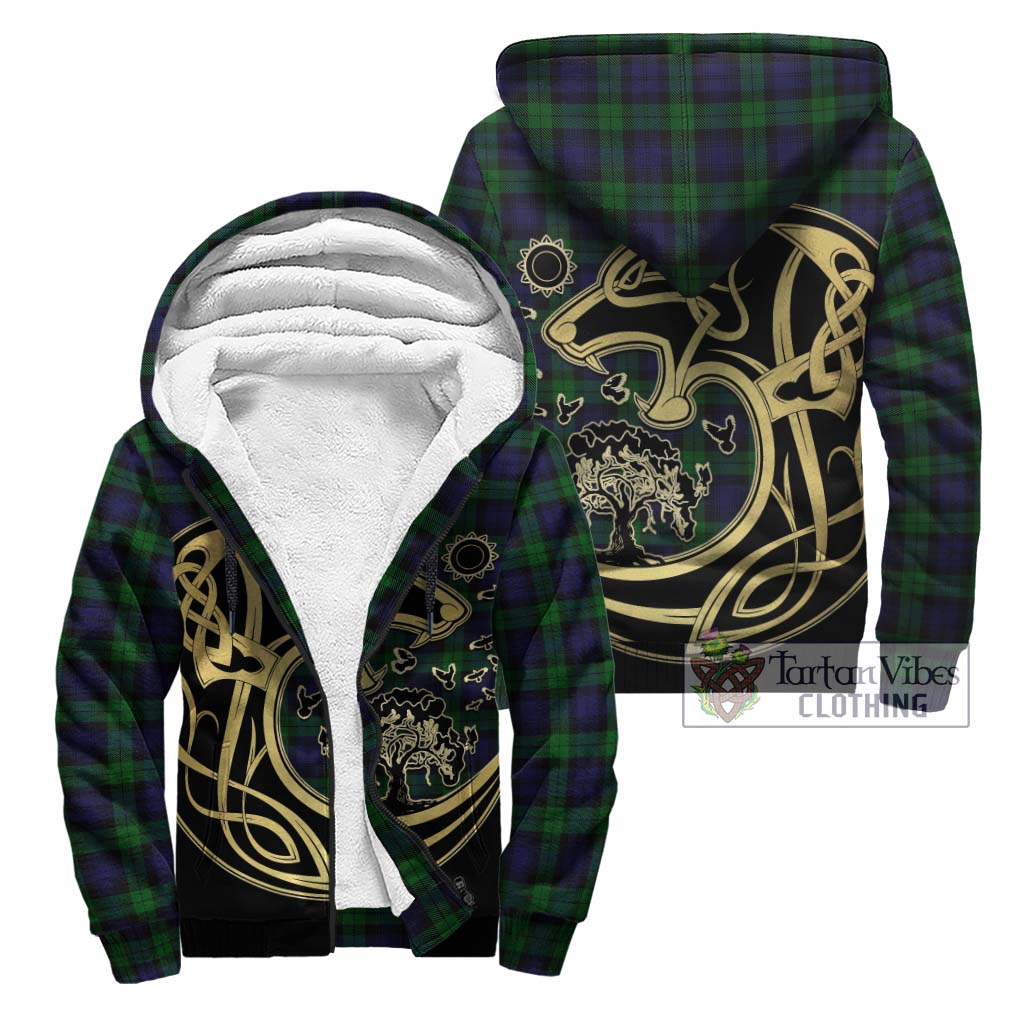 Black Watch Tartan Sherpa Hoodie with Family Crest Celtic Wolf Style Unisex - Tartan Vibes Clothing