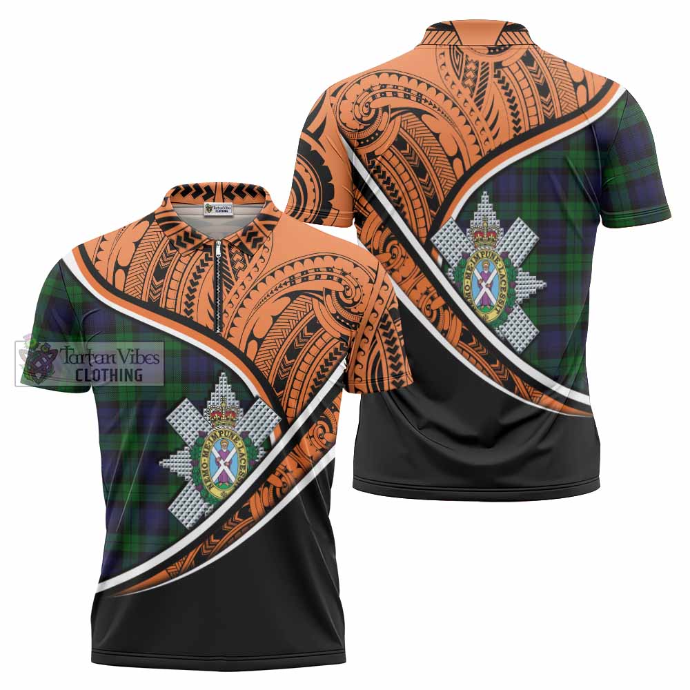 Tartan Vibes Clothing Black Watch Crest Tartan Zipper Polo Shirt with Maori Tattoo Style - Orange Version