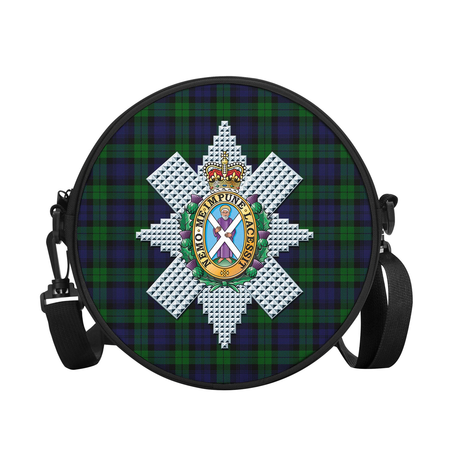 Black Watch Tartan Round Satchel Bags with Family Crest - Tartanvibesclothing