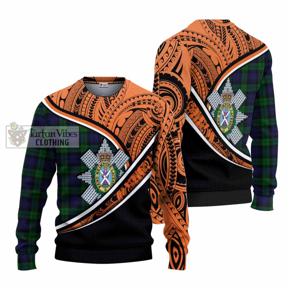 Tartan Vibes Clothing Black Watch Crest Tartan Knitted Sweater with Maori Tattoo Style - Orange Version