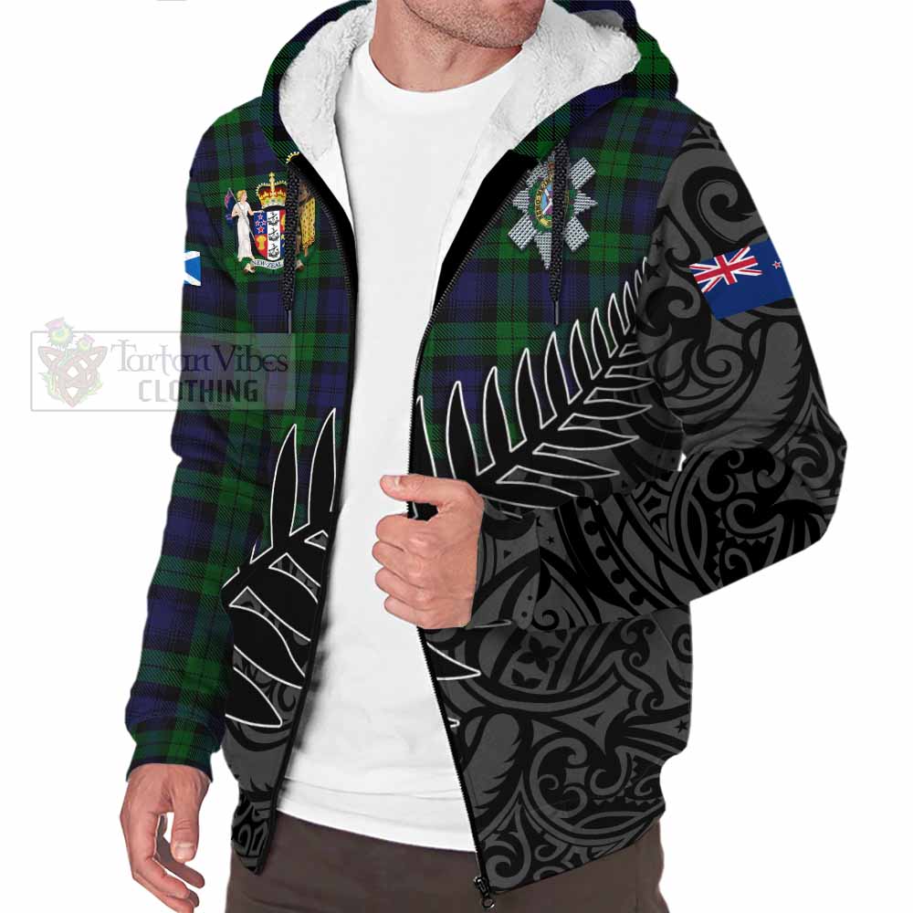 Tartan Vibes Clothing Black Watch Crest Tartan Sherpa Hoodie with New Zealand Silver Fern Half Style