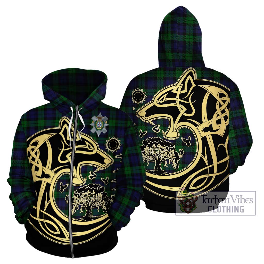 Black Watch Tartan Hoodie with Family Crest Celtic Wolf Style - Tartan Vibes Clothing