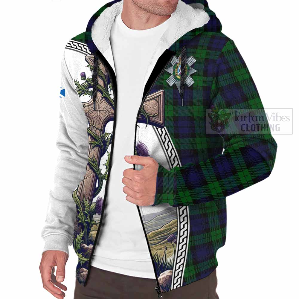 Tartan Vibes Clothing Black Watch Tartan Sherpa Hoodie with Family Crest and St. Andrew's Cross Accented by Thistle Vines