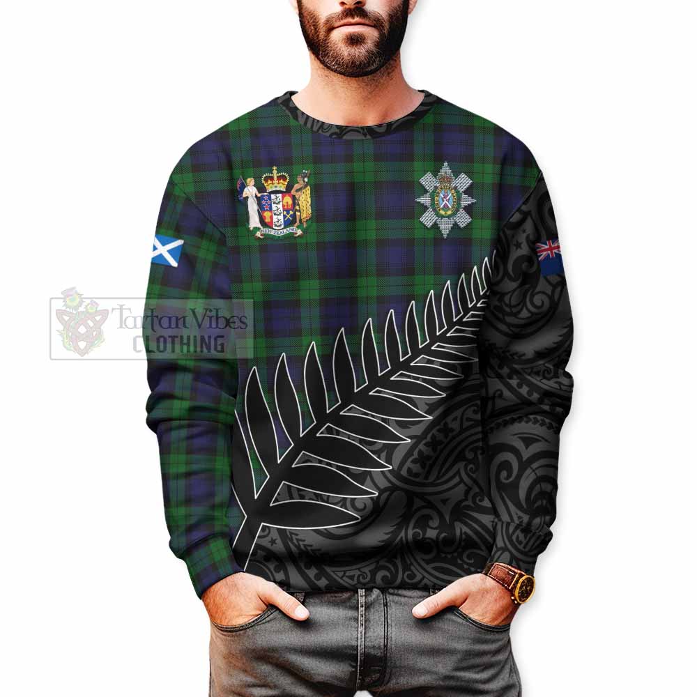 Tartan Vibes Clothing Black Watch Crest Tartan Sweatshirt with New Zealand Silver Fern Half Style