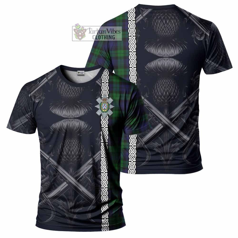 Tartan Vibes Clothing Black Watch Tartan T-Shirt with Family Crest Cross Sword Thistle Celtic Vibes