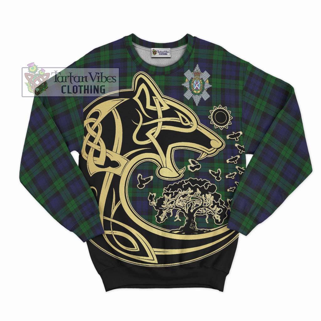 Black Watch Tartan Sweatshirt with Family Crest Celtic Wolf Style - Tartan Vibes Clothing