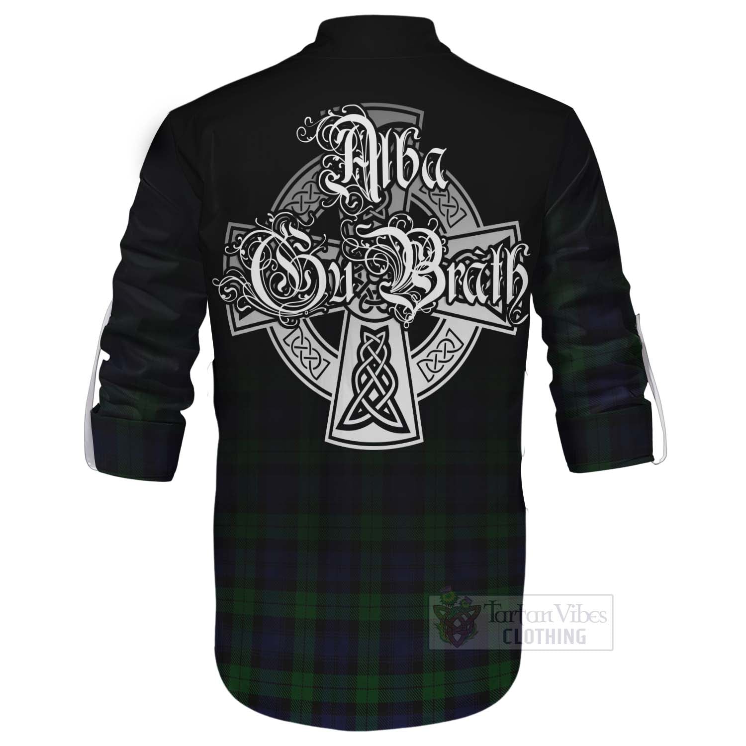 Tartan Vibes Clothing Black Watch Tartan Ghillie Kilt Shirt Featuring Alba Gu Brath Family Crest Celtic Inspired