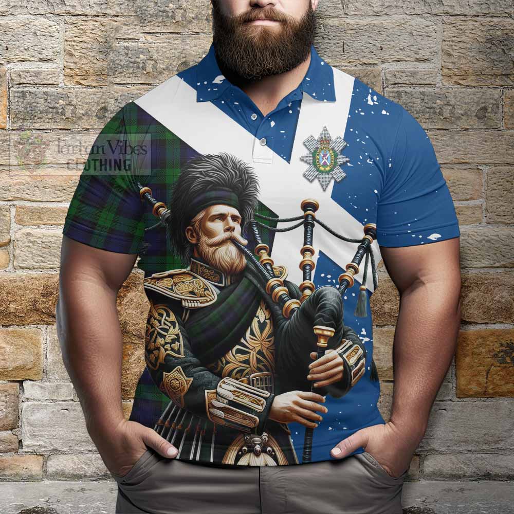 Tartan Vibes Clothing Black Watch Tartan Polo Shirt with Family Crest Scottish Bagpiper Vibes