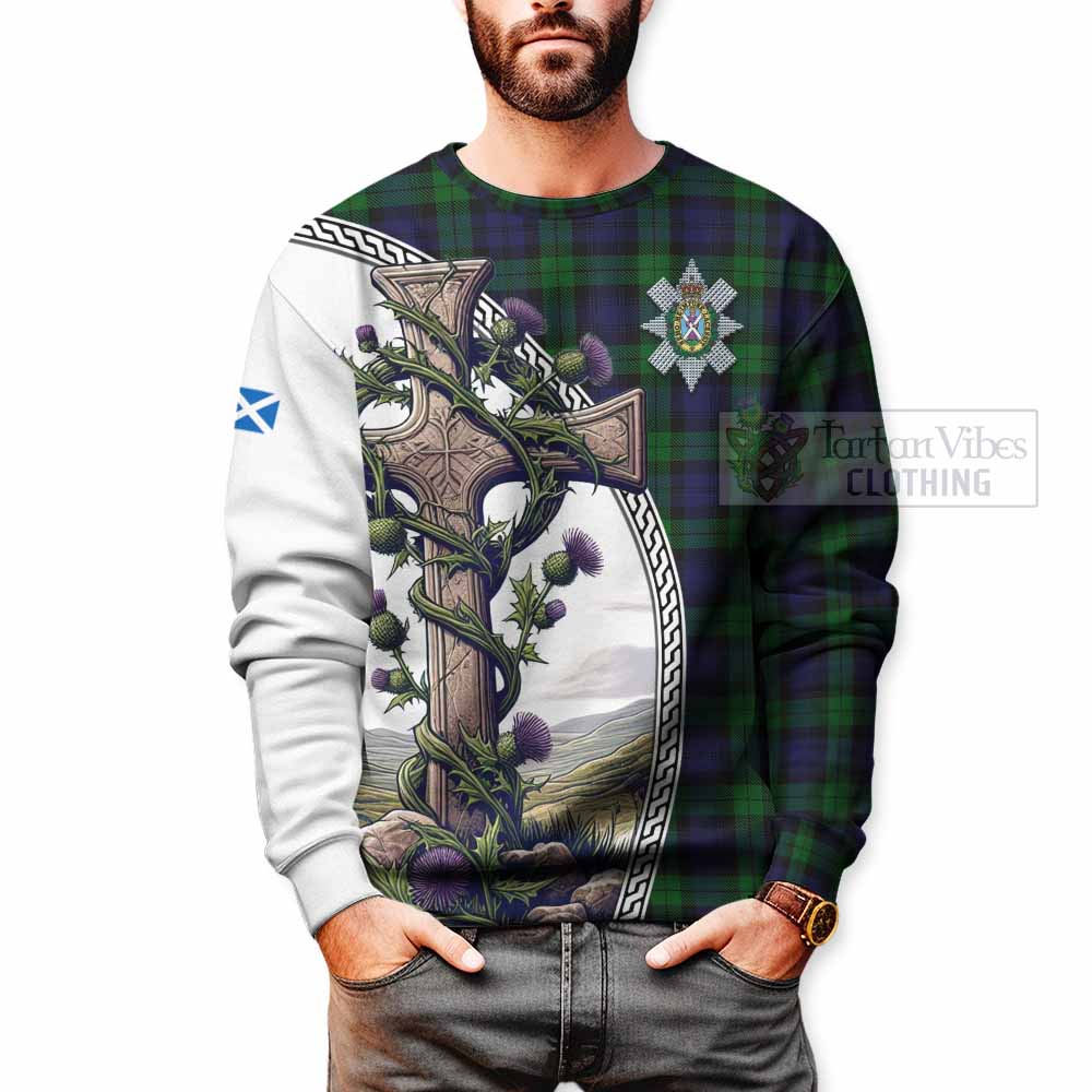 Tartan Vibes Clothing Black Watch Tartan Sweatshirt with Family Crest and St. Andrew's Cross Accented by Thistle Vines