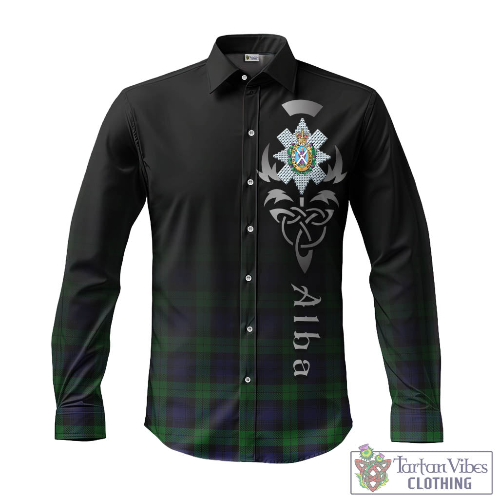 Tartan Vibes Clothing Black Watch Tartan Long Sleeve Button Up Featuring Alba Gu Brath Family Crest Celtic Inspired