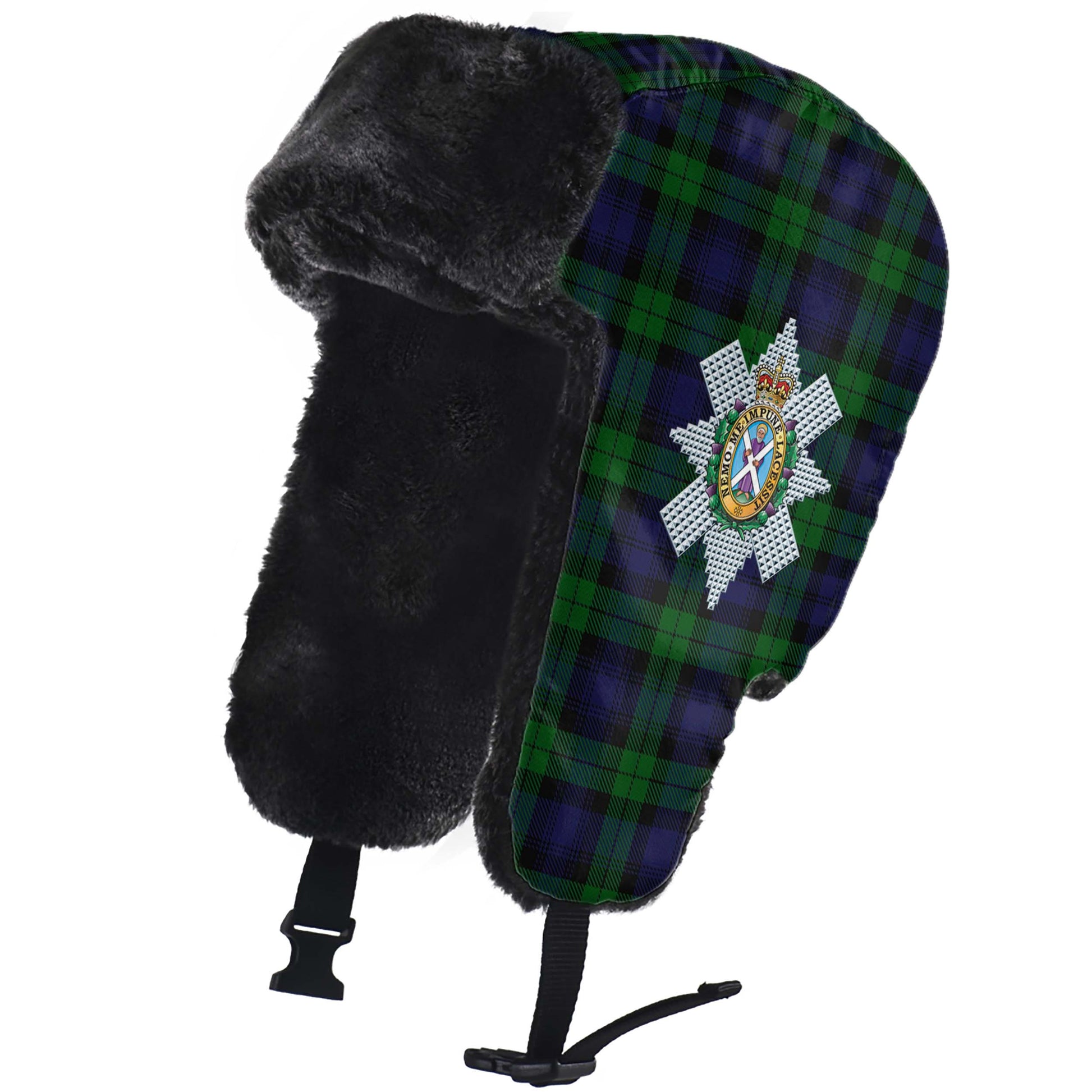 Black Watch Tartan Winter Trapper Hat with Family Crest - Tartanvibesclothing