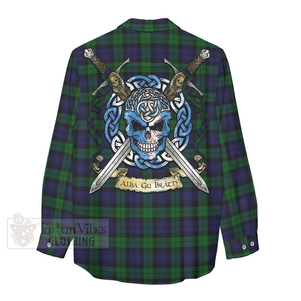 Tartan Vibes Clothing Black Watch Tartan Women's Casual Shirt with Family Crest Celtic Skull Style