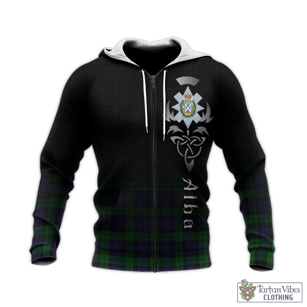 Tartan Vibes Clothing Black Watch Tartan Knitted Hoodie Featuring Alba Gu Brath Family Crest Celtic Inspired