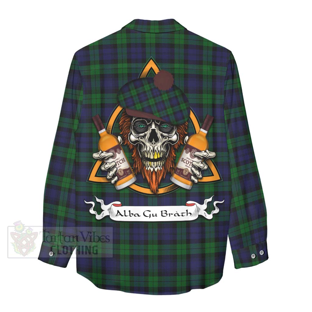 Tartan Vibes Clothing Black Watch Tartan Women's Casual Shirt with Family Crest and Bearded Skull Holding Bottles of Whiskey