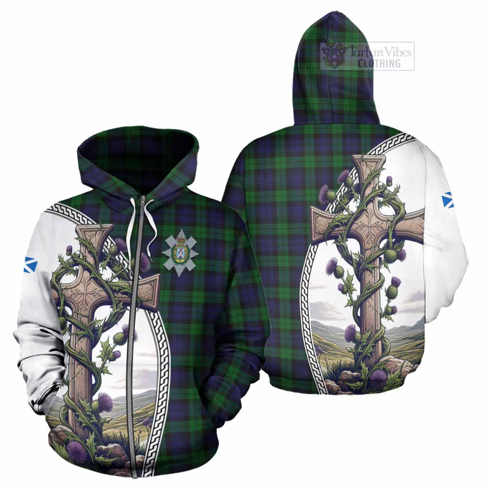 Tartan Vibes Clothing Black Watch Tartan Hoodie with Family Crest and St. Andrew's Cross Accented by Thistle Vines