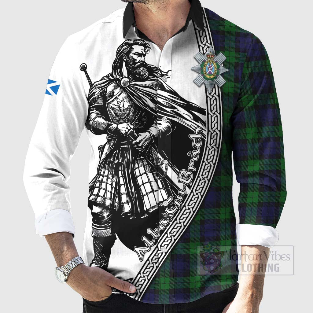 Tartan Vibes Clothing Black Watch Tartan Clan Crest Long Sleeve Button Shirt with Highlander Warrior Celtic Style