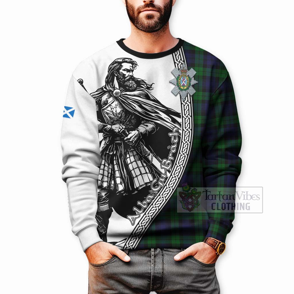 Tartan Vibes Clothing Black Watch Tartan Clan Crest Sweatshirt with Highlander Warrior Celtic Style