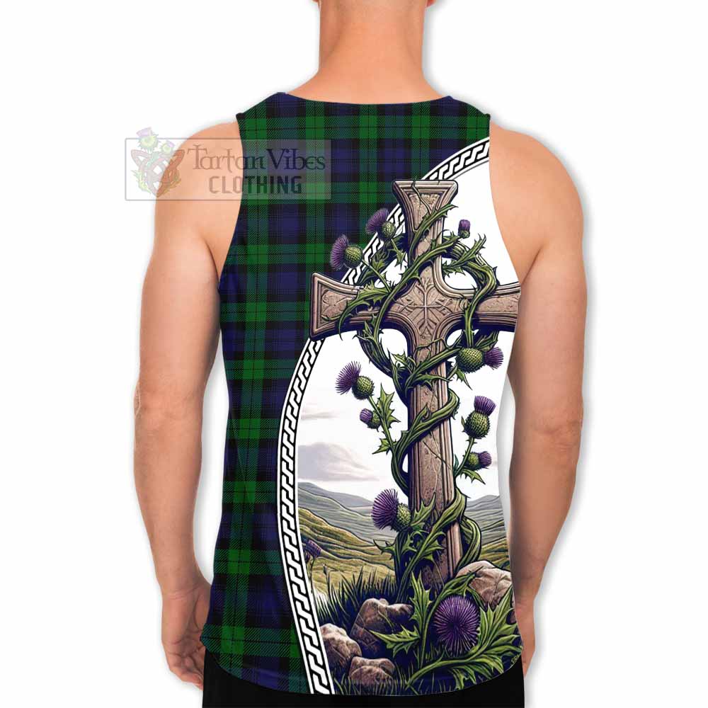 Tartan Vibes Clothing Black Watch Tartan Men's Tank Top with Family Crest and St. Andrew's Cross Accented by Thistle Vines