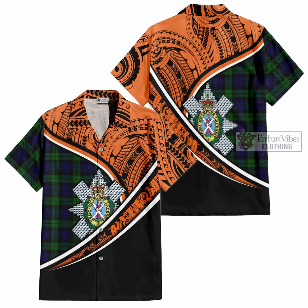 Tartan Vibes Clothing Black Watch Crest Tartan Short Sleeve Button Shirt with Maori Tattoo Style - Orange Version