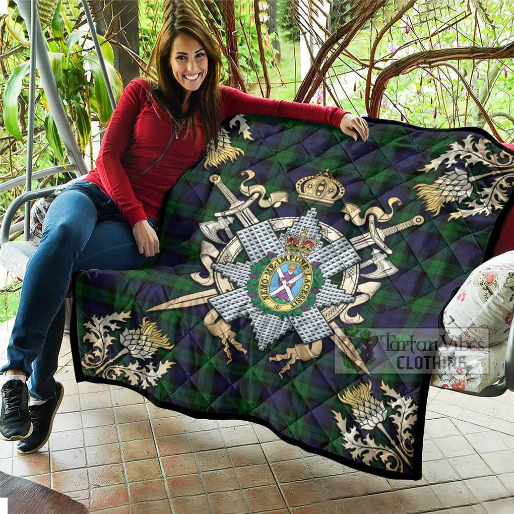 Tartan Vibes Clothing Black Watch Tartan Quilt with Family Crest and Scottish Golden Courage Shield