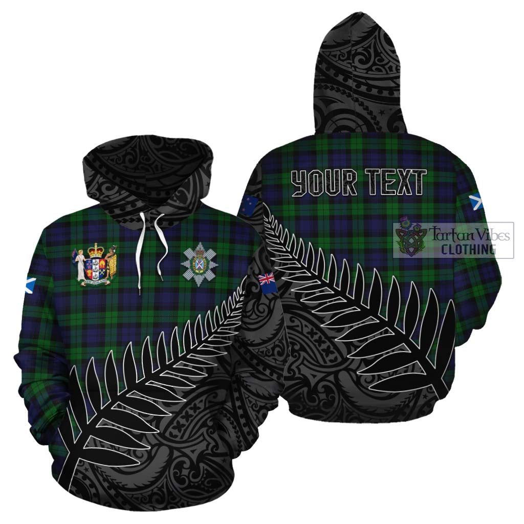 Tartan Vibes Clothing Black Watch Crest Tartan Cotton Hoodie with New Zealand Silver Fern Half Style