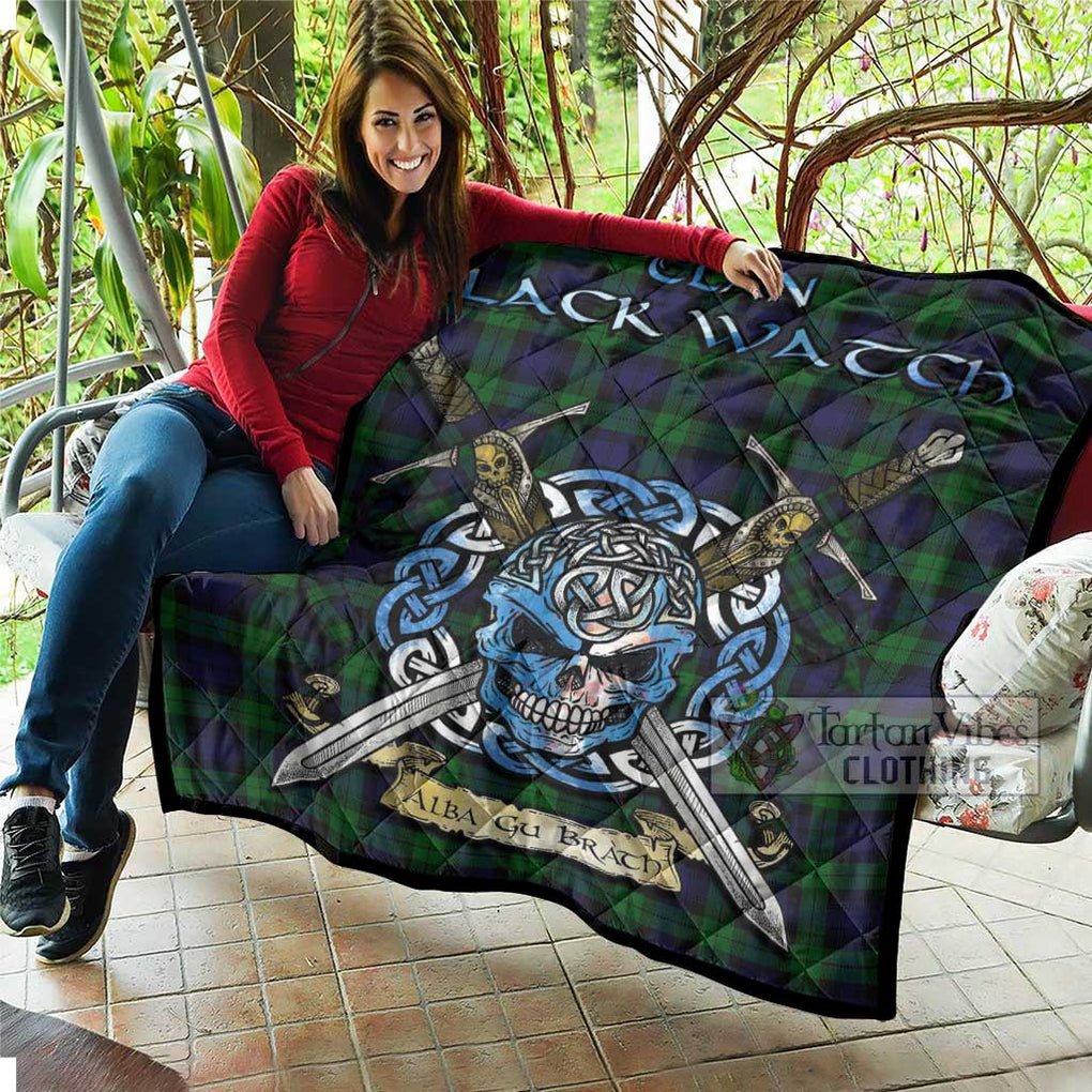 Tartan Vibes Clothing Black Watch Tartan Quilt with Celtic Skull Alba Gu Brath Style