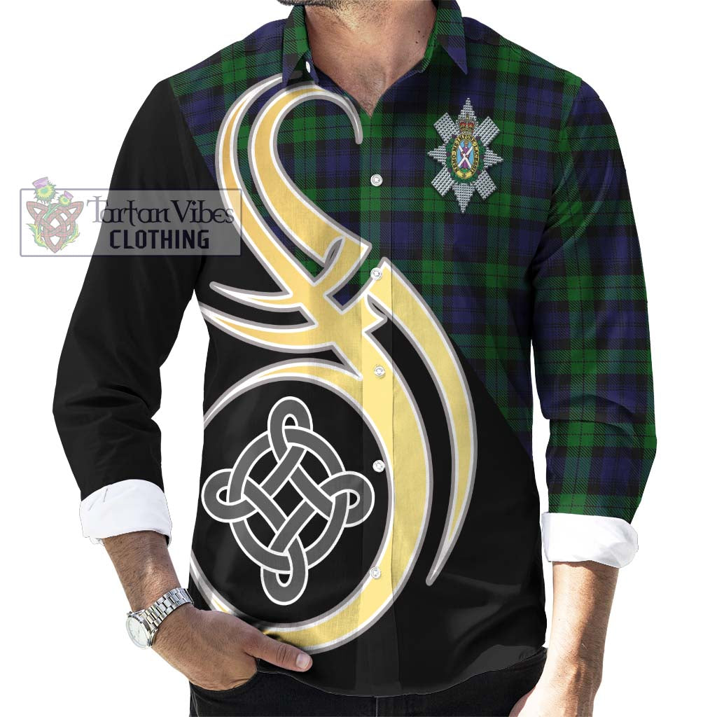 Black Watch Tartan Long Sleeve Button Shirt with Family Crest and Celtic Symbol Style - Tartan Vibes Clothing