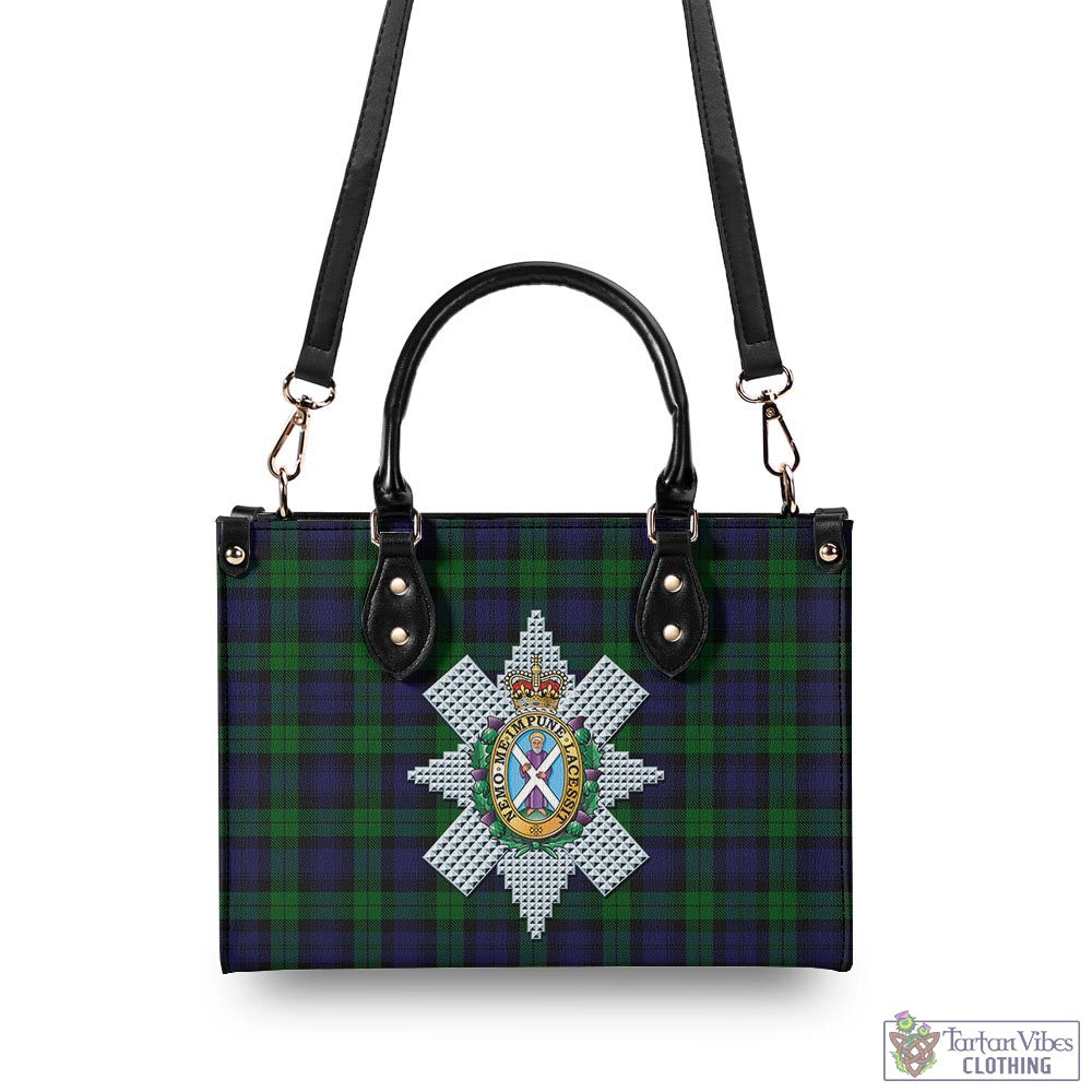 Tartan Vibes Clothing Black Watch Tartan Luxury Leather Handbags with Family Crest