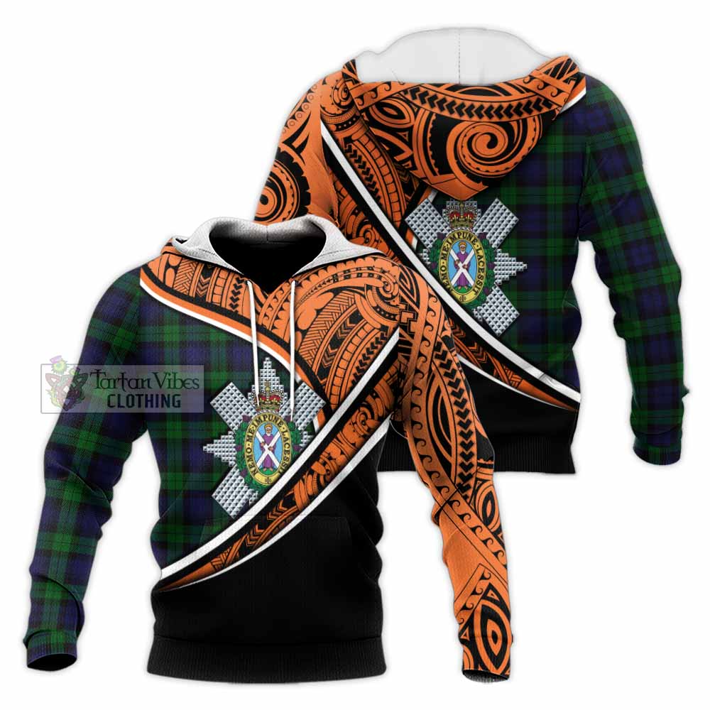 Tartan Vibes Clothing Black Watch Crest Tartan Knitted Hoodie with Maori Tattoo Style - Orange Version