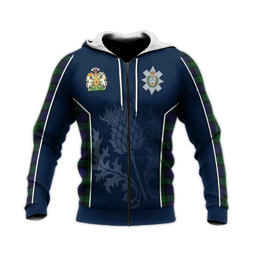 Tartan Vibes Clothing Black Watch Tartan Knitted Hoodie with Family Crest and Scottish Thistle Vibes Sport Style