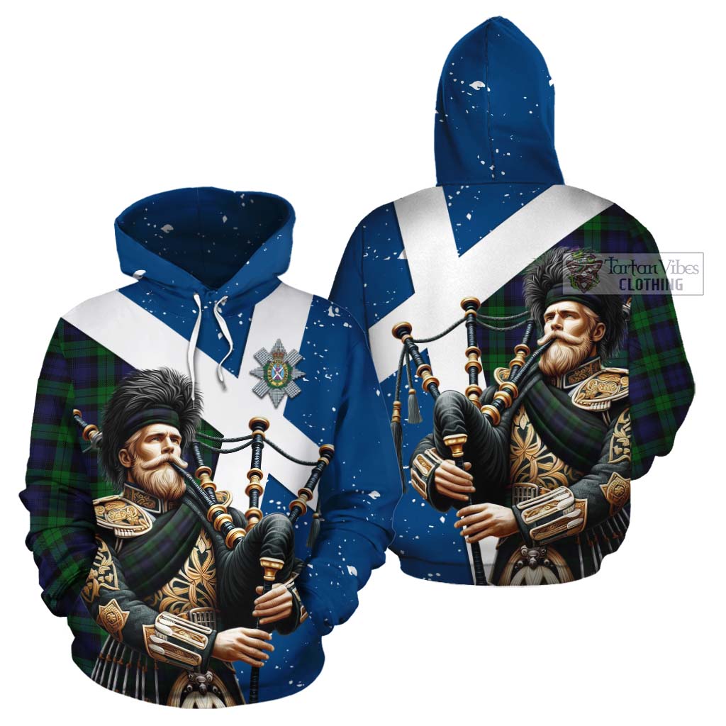 Tartan Vibes Clothing Black Watch Tartan Cotton Hoodie with Family Crest Scottish Bagpiper Vibes