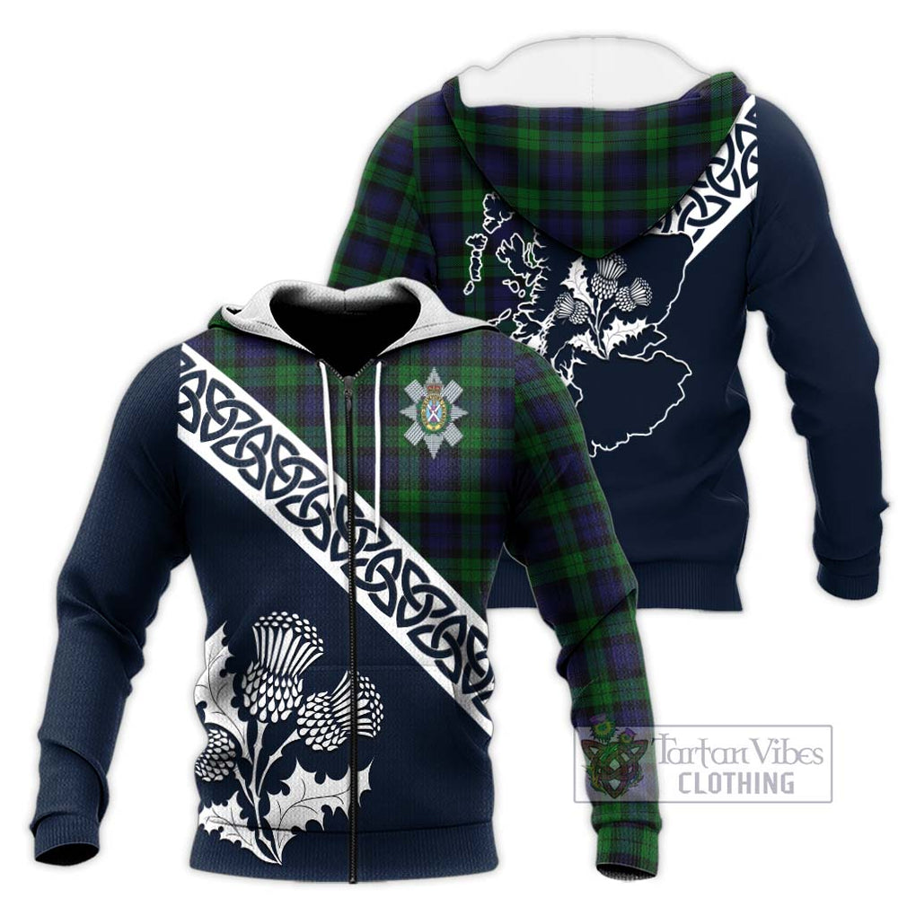 Tartan Vibes Clothing Black Watch Tartan Knitted Hoodie Featuring Thistle and Scotland Map