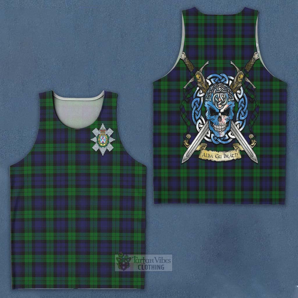 Tartan Vibes Clothing Black Watch Tartan Men's Tank Top with Family Crest Celtic Skull Style