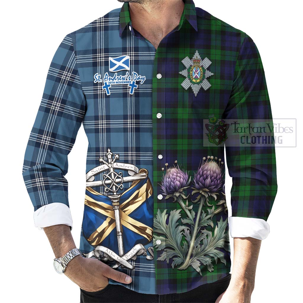 Tartan Vibes Clothing Black Watch Tartan Long Sleeve Button Shirt Happy St. Andrew's Day Half Tartan Style