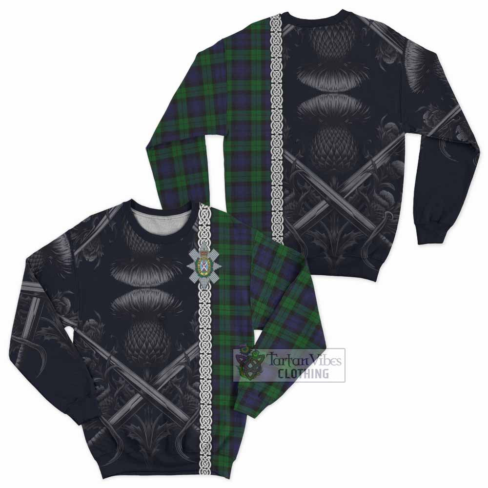 Tartan Vibes Clothing Black Watch Tartan Sweatshirt with Family Crest Cross Sword Thistle Celtic Vibes